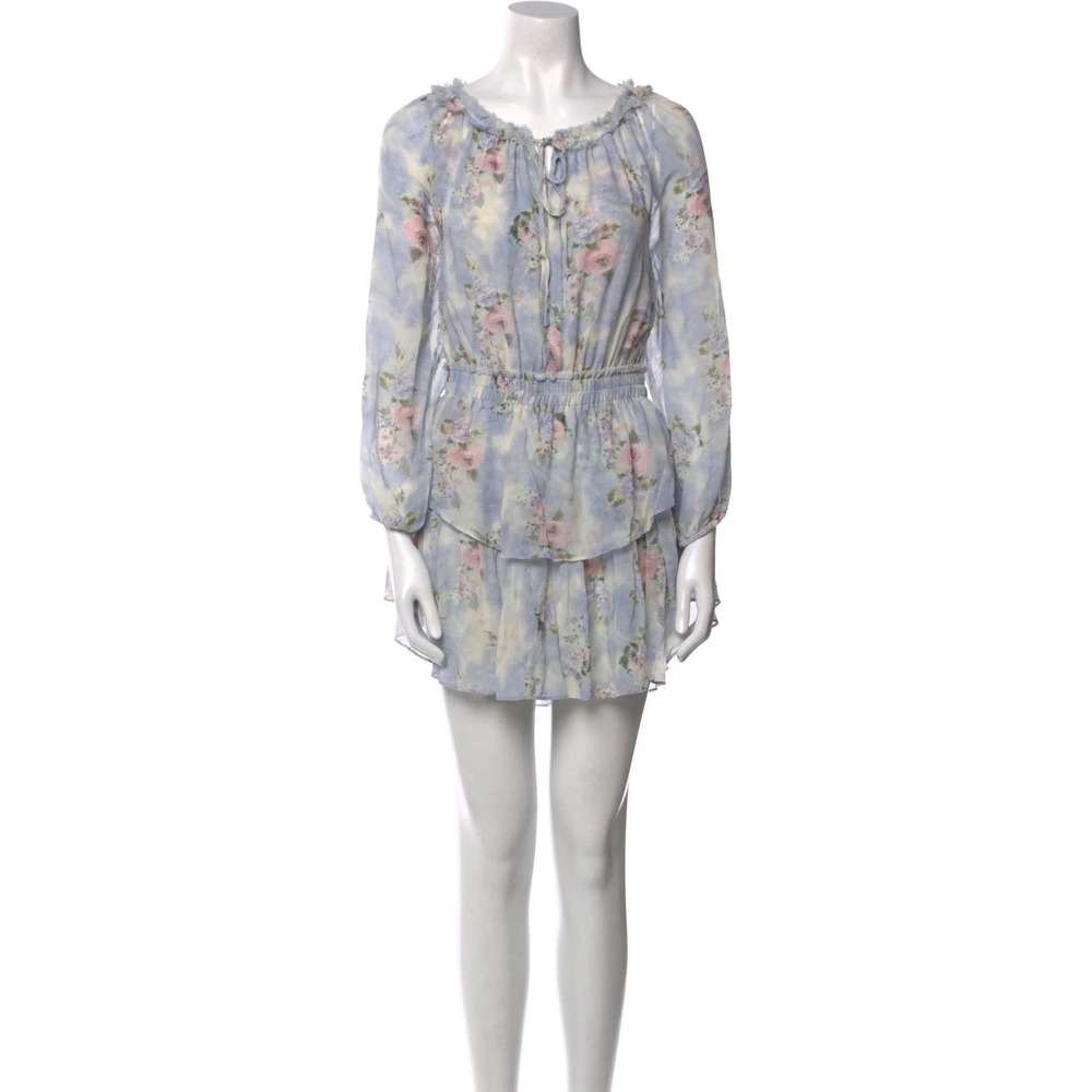 LoveShackFancy Silk Floral Mini Dress Purple Blue Long Sleeve Ruffle Size Medium